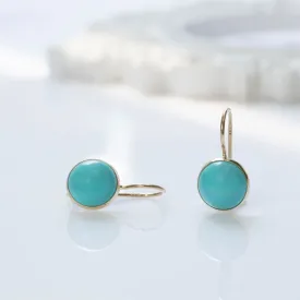 14K Yellow Gold Round Turquoise 8mm Dangle Earrings