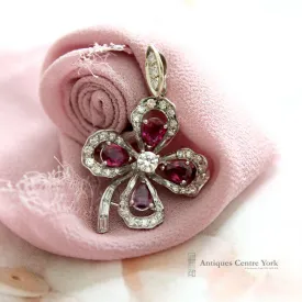 1950's 18ct White Gold Fine Ruby & Diamond Four Leaf Clover Pendant/Brooch