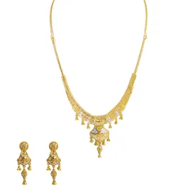 22K Multi Tone Gold Necklace & Earrings Set W/ Beaded Filigree & Draping Chandelier Pendant