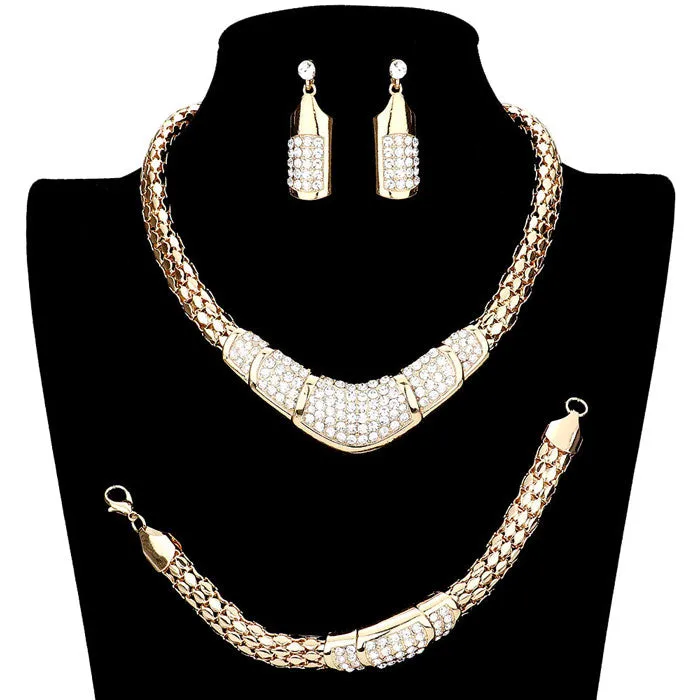 3PCS Rhinestone Pave Metal Chain Necklace Set