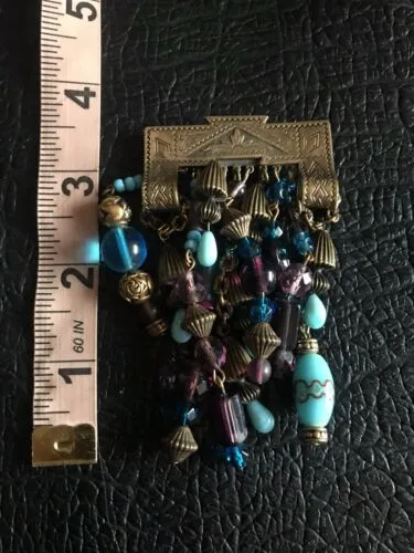 Antique Grey Kingsburg N.Y. Signed Handmade Blue   Purple Bead Brass Brooch Pin