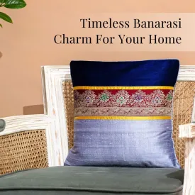 Banarasi Silk Cushion Cover in Gray & Navy