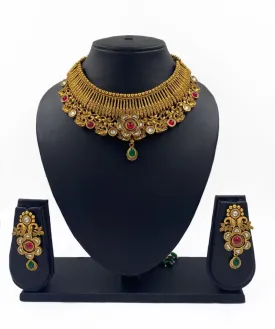 Designer Traditional Gold Plated Antique Golden Wedding Necklace Set For Ladies