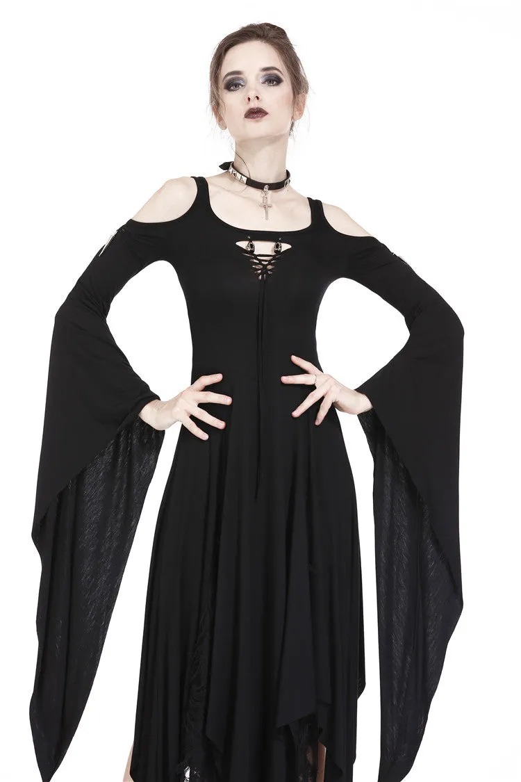 Gothic knitted long dress with irregular hem and hooked rope designs DW185