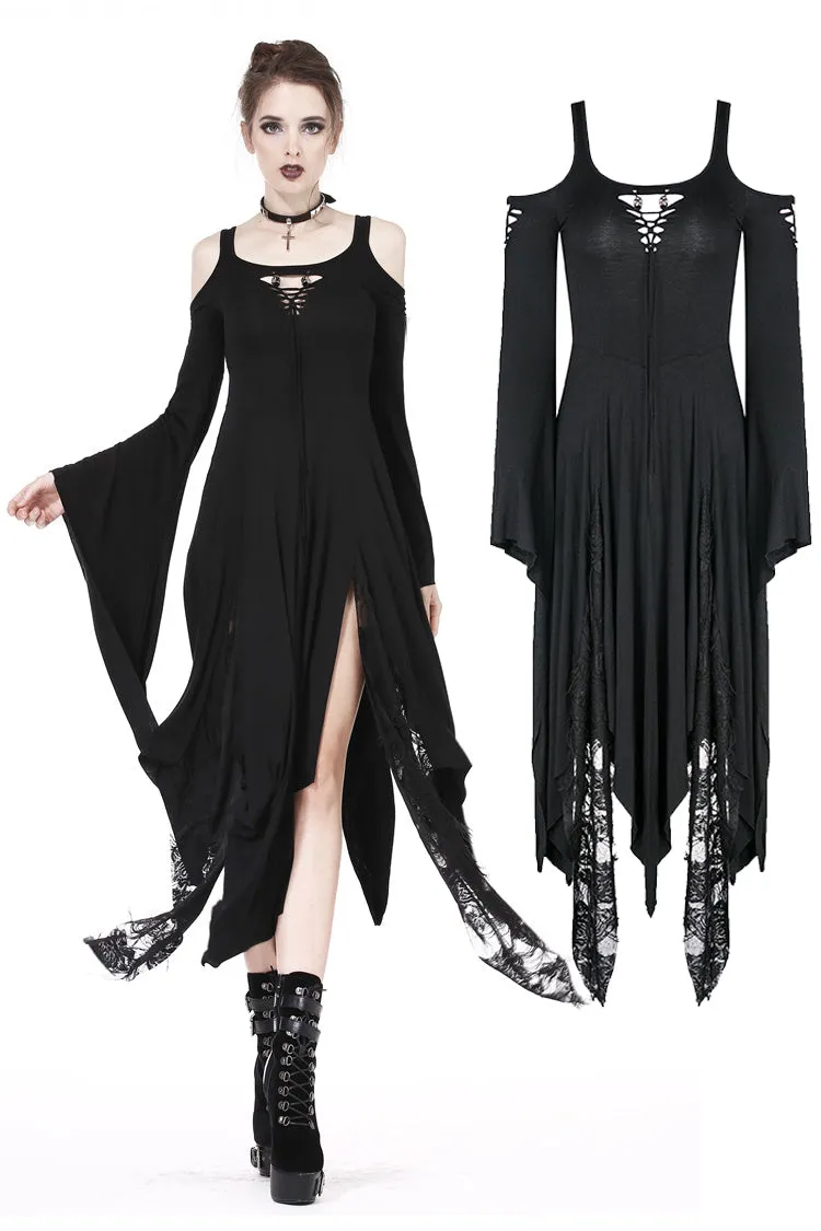 Gothic knitted long dress with irregular hem and hooked rope designs DW185