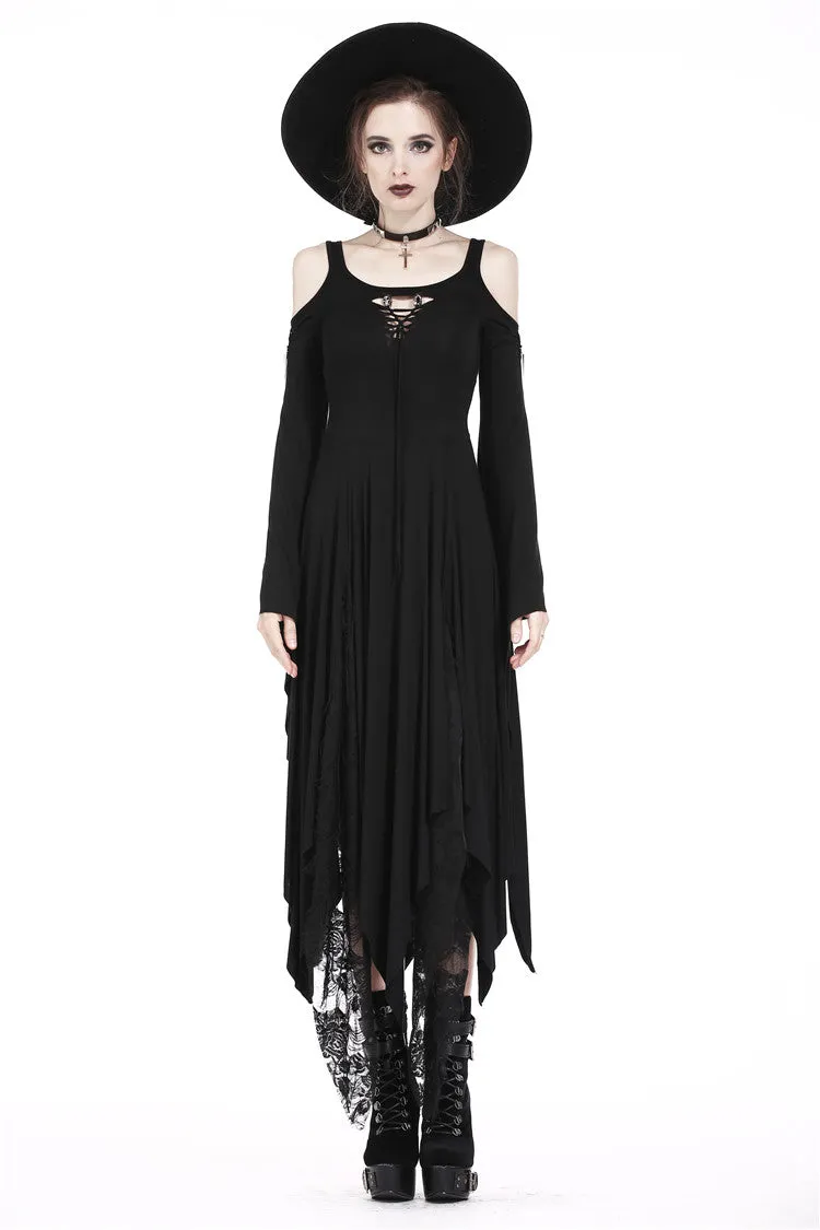 Gothic knitted long dress with irregular hem and hooked rope designs DW185