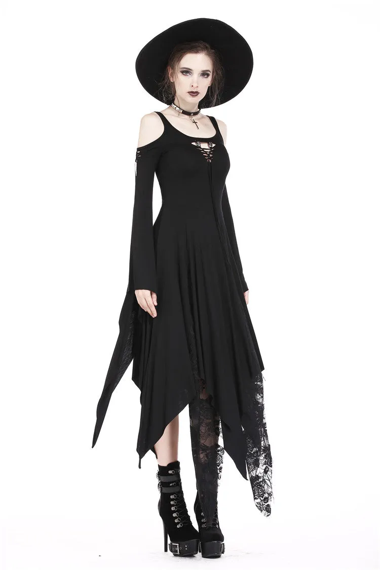 Gothic knitted long dress with irregular hem and hooked rope designs DW185