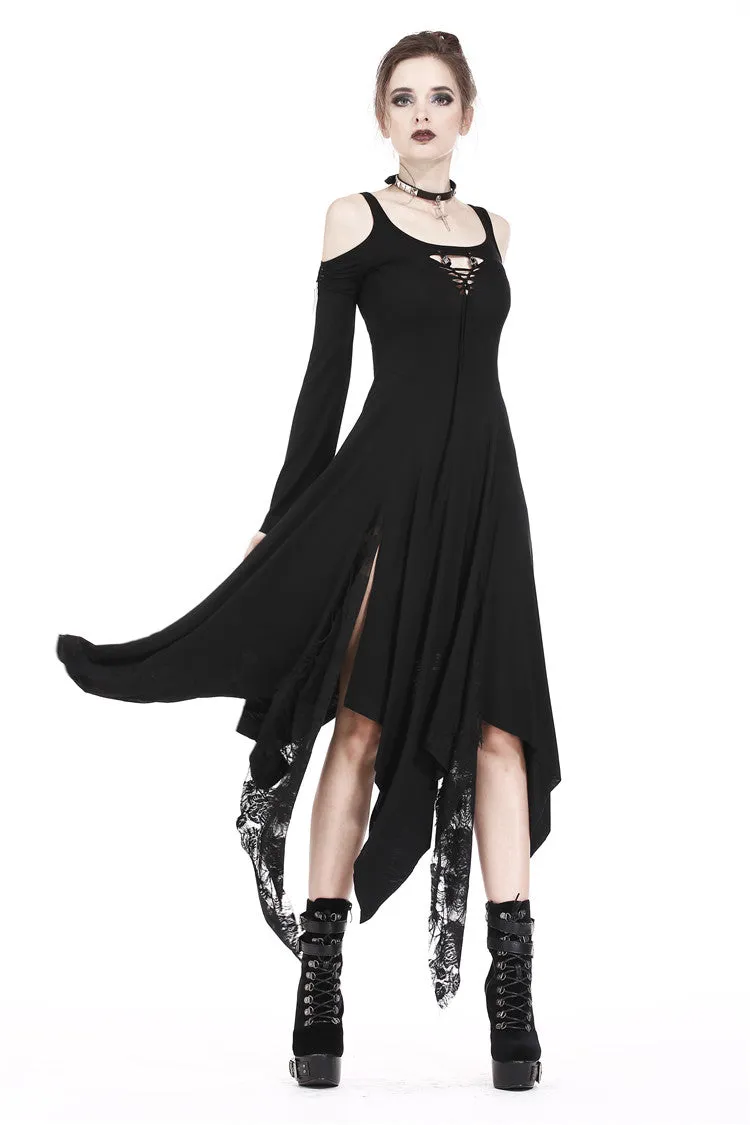 Gothic knitted long dress with irregular hem and hooked rope designs DW185